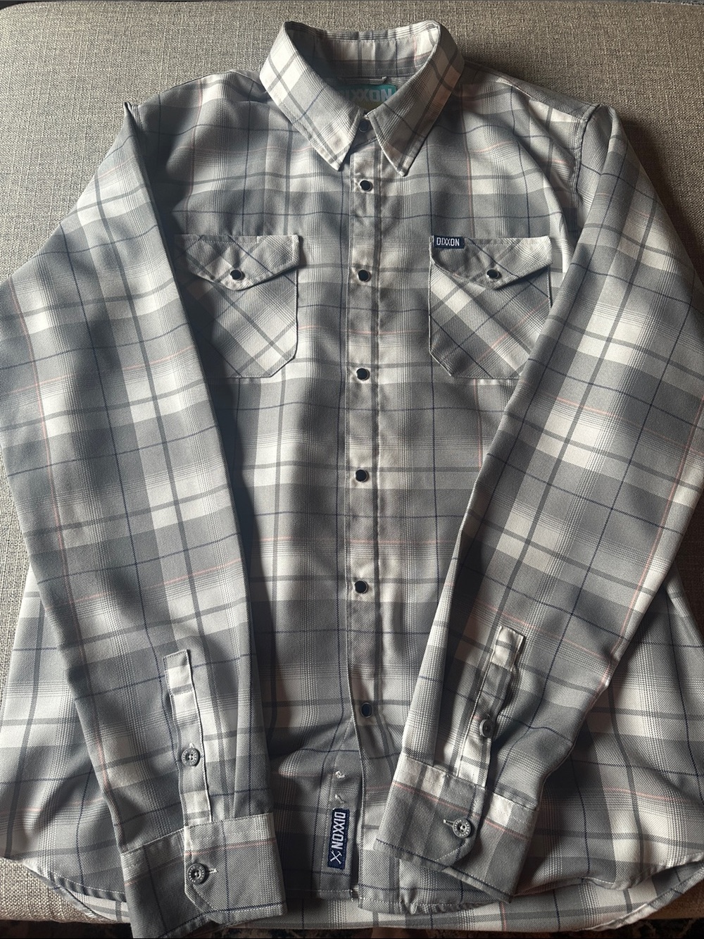 DIXXON Daybreak Gray Plaid Button-Up flannel Shirt with Subtle Pink and Blue
